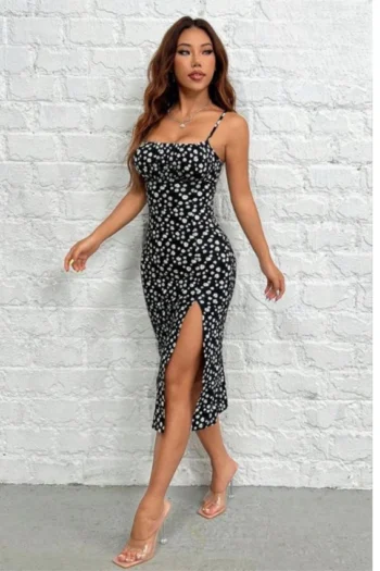 Black&White9001-Floral Print Slit Dress