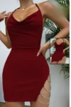 Jory 2101-Burgundy Backless Mini Dress