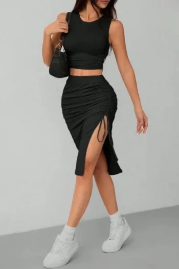 Jory 2107 - Chic Ruched Slit Skirt Set