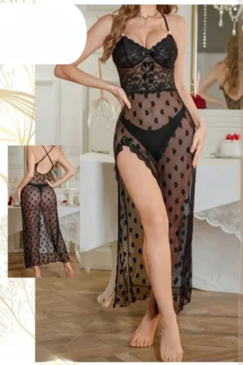 LaCelia 993 - Elegant Black Heart Mesh Lingerie Dress
