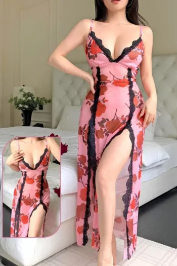 Zena 1218 - Rose Print High Slit Night Dress