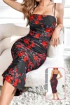 Zena 1170 - Ruched Floral Print Bodycon Midi Dress