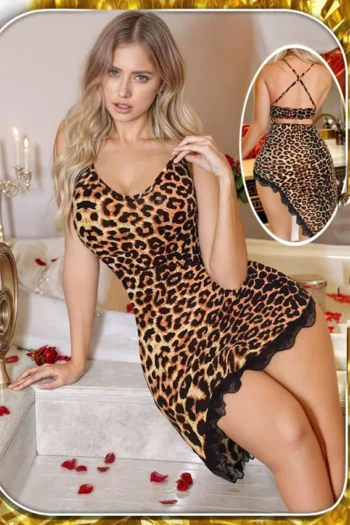 Cramela 25147 - Leopard Lace Trim Mini Nightdress