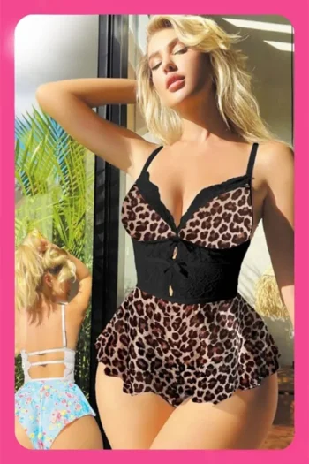 Carmela 01032 - Leopard Print Lace Trim Peplum Teddy