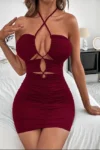 Cramela 83 - Criss-Cross Halter Ruched Bodycon Dress