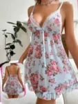 Liona 3028 - Floral Print Lace-Trim Babydoll Nightdress