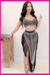 Julliet 963 - Rhinestone Tassel Mesh Skirt & Crop Top