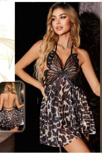 La Celia 865 - Leopard Print Butterfly Lace Babydoll