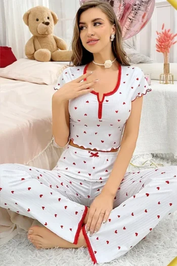 Noor 4757 - Heart Print Lettuce-Trim Pajama Set