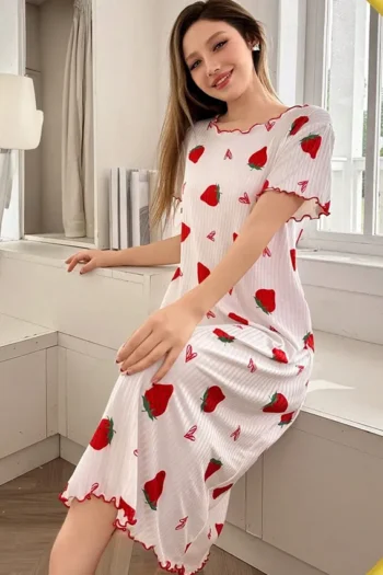 Noor 4982 - Strawberry Print Ribbed Nightgown