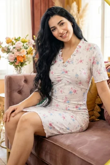 Noor 6072 - Floral Print Ribbed Nightdress