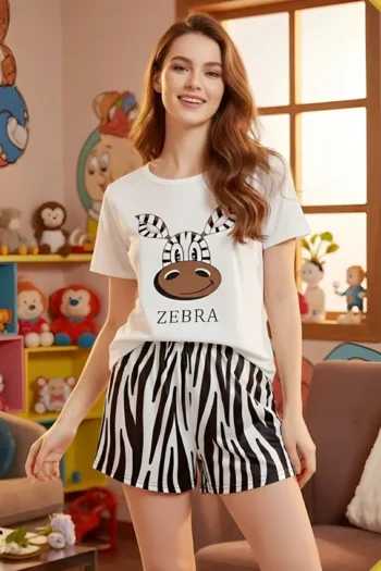 Noor 6082 - Cartoon Zebra Print Tee and Shorts Pajama Set