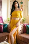 Noor 6112 - Off-Shoulder Crop Top and Side Slit Wide Leg Pants Set