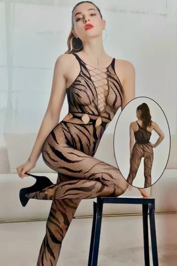 Vaqua 81316 - Tiger Print Criss-Cross Cut-Out Bodystocking Lingerie
