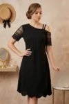 Cramela 0117 - Pinstripe Asymmetric Cold Shoulder Dress