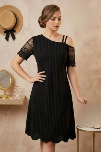 Cramela 0117 - Pinstripe Asymmetric Cold Shoulder Dress