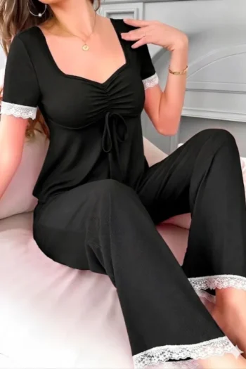 Cramela 5435 - Ribbed Ruched Sweetheart Neck Pajama Pants Set