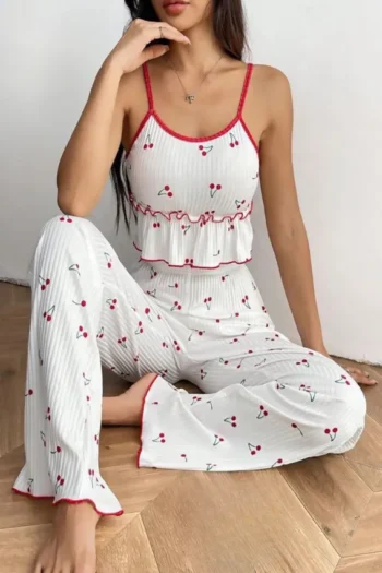 Cramela 036 - Ribbed Cherry Print Ruffle Hem Pajama Set