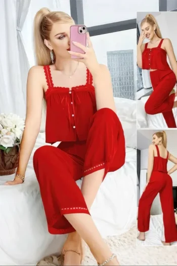 Mohra 3218 - Lace Trim Cami Pants Set with Buttons