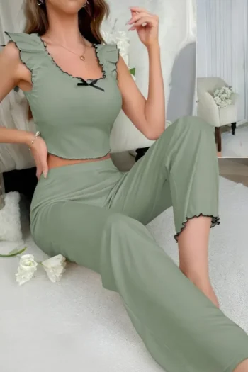 Mohra 7217 - Ruffle Trim Contrast Binding Pajama Pants Set