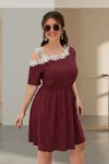 Cramela 0116 - Ribbed Cold Shoulder Floral Lace Trim Dress