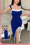 Fluffy 9275 - Contrast Ruffle Slit Midi Dress