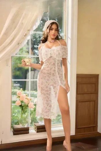 Smozy 6888 - Floral Print Off-Shoulder Slit Loungewear Dress