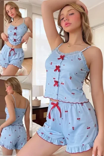 Dareen 5526 - Cherry Print Cami Pajama Set with Ruffle Trim Shorts