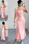 Dareen 5517 - Ruched Square Neck Mermaid Midi Dress