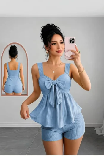 Mohra 0804 -Ribbed Bow Front Peplum Pajama Set