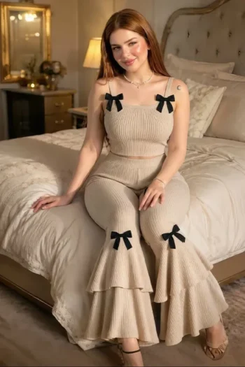 Mohra 0806 - Bow Decor Ribbed Crop Top Tiered Pajama Set