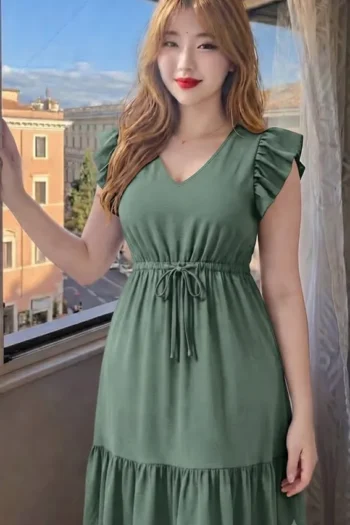 Mohra 235 - Ruffle Sleeve V-Neck Drawstring Midi Dress