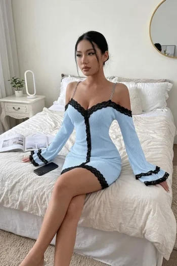 Dolley 121 - Lace Trim Chain Strap Off-Shoulder Mini Dress