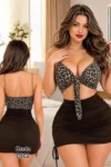 Cramela 0902 - Leopard Tie Front Top & Ruched Skirt Set