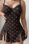 Cramela 3120 - Cherry Print Lace Trim Slit Nightdress