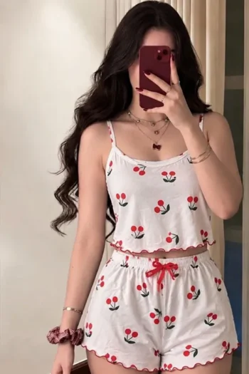 Mohra 7065 - Cherry Print Lettuce Trim Cami Pajama Set